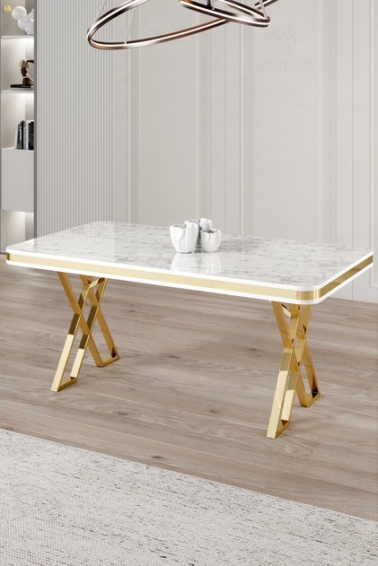 Rigel Serisi 80x130 Lak Panel Sabit Masa Beyaz Mermer Desen Gold Ayaklı