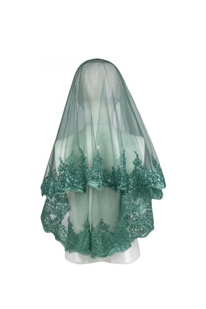 Green Sparkling Guipure Bridal Veil Set Wedding Henna Night Face Cover Veil Girdle Gloves