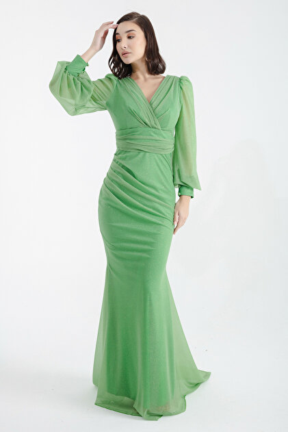 Rochie de seară lungă cu sclipici cu guler dublu verde de damă