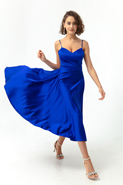Lafaba Women's Saks Thin Strap Midi Satin Evening Dress- Trendyol