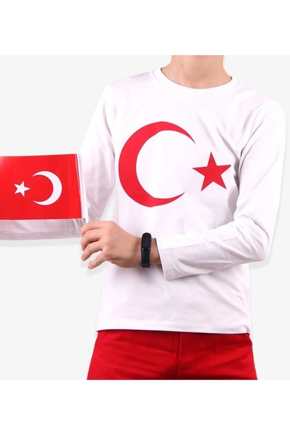 Long Sleeve Cotton Unisex Children's T-Shirt with Ataturk Print and Turkish Flag