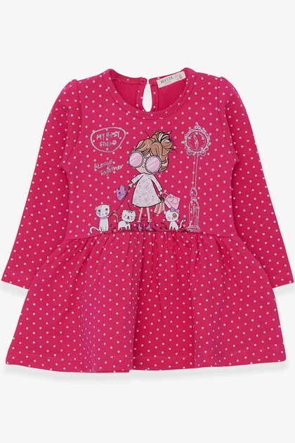 Girl's Long Sleeve Dress Glittery Printed Girl with Glasses 1-4 Years, Pink