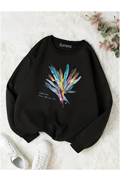 Colorful Feather Printed Bicycle Collar Sweatshirt