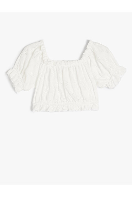 Crop Blouse with Balloon Sleeves and Scallop Detail
