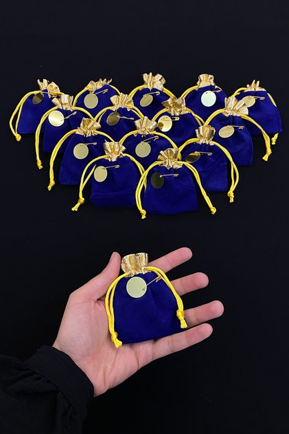 Hediyelik Saks Mavi Gold Kadife Kese, Düğün, Nişan, Nikah, Kına, Sünnet, Doğum, Söz, Kınalı 25 Adet