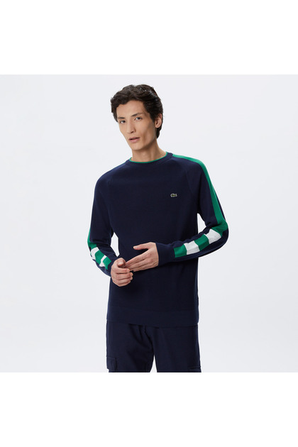 Men's Regular Fit Long Sleeve Crew Neck Color Blocked Navy Blue Knitwear