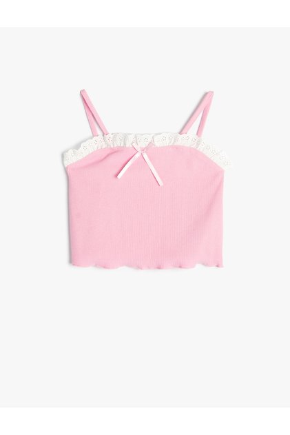 Crop Athlete's Bowknot Detailed Embroidered Ribbed Cotton