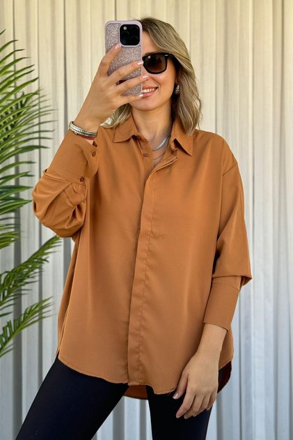 Bat Sleeve Oversize Brown Satin Shirt