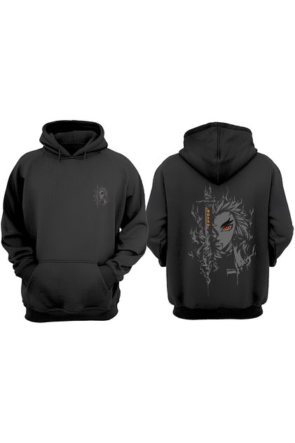 Unisex Kyojuro Rengoku Design Front and Back Printed Regular Fit Black Sweatshirt