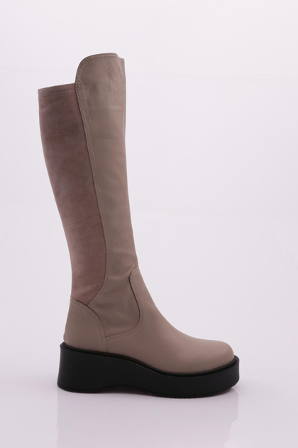 Kadın Kalın Taban Fermuarlı Knee Hıgh Çizme Vizon Napa 336463