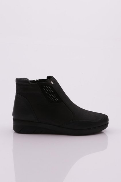 P08-22K Women's Silver Stone Ankle Boots Black Genuine Leather