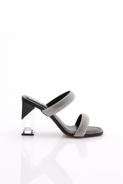 Women's Heeled Evening Dress Slippers - Black Wrinkled Two Stripes