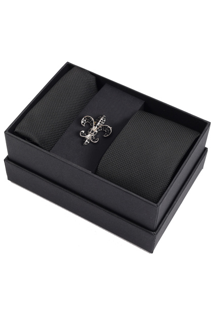 Black 6 cm Slim Tie Handkerchief & Silver Color Lily Flower Brooch Men's Gift Set