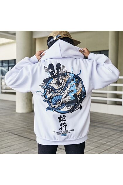 Men's White Winter Hooded Sweatshirt with Back Print Snake