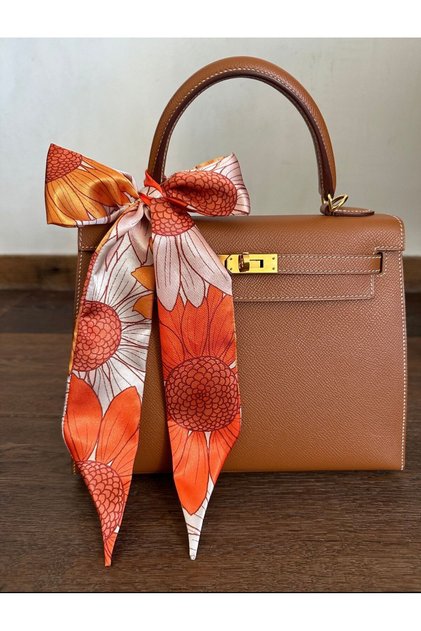Geantă, brățară și eșarfă cu model fluture, cu motive florale portocalii