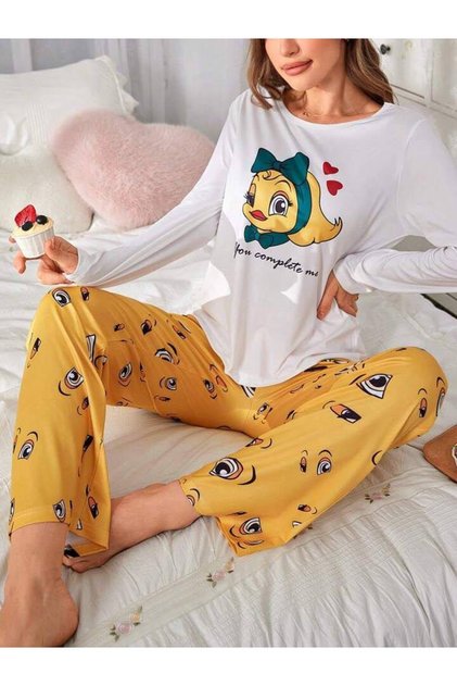 Long-Sleeved White Top Women's Pajama Set Supremsoftcombed Cotton Yellow Candy