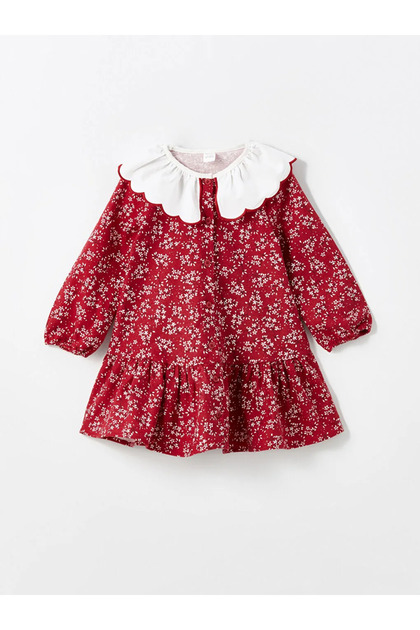 LCW Kids Burgundy Printed Peter Pan Collar Long-Sleeve Floral Girls' Dress