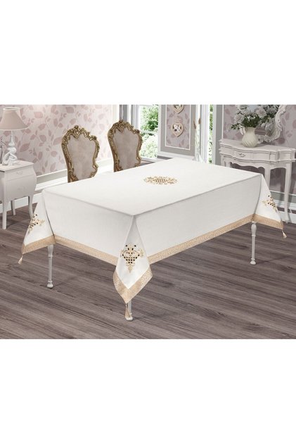 Embroidered Gold Easy to Clean Stain Resistant Care-Free Tablecloth