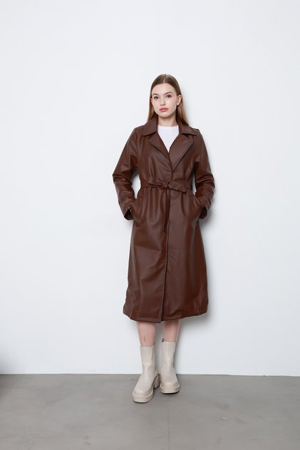 Lined Belted Leather Coat Brown