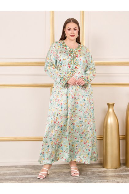 Plus Satin Floral Embroidered Jalabiya