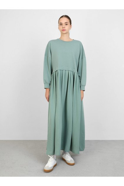 Pleated Detailed Aerobin Hijab Dress - Dark Çağla - Benin