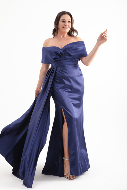 Lafaba Women's Navy Blue Boat Neck Slit Large Size Long Evening