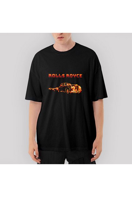 Rolls Royce In Fire Oversize Black T-Shirt