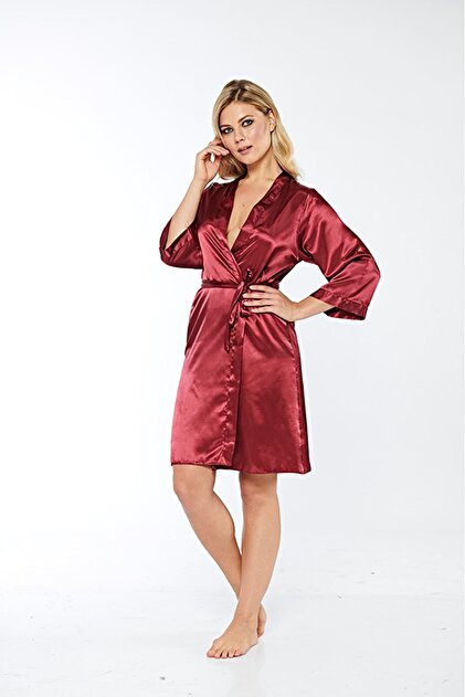 Sistina Ds-Derin Burgundy Silk Satin Dressing Gown - 14004 - Size S-  Trendyol