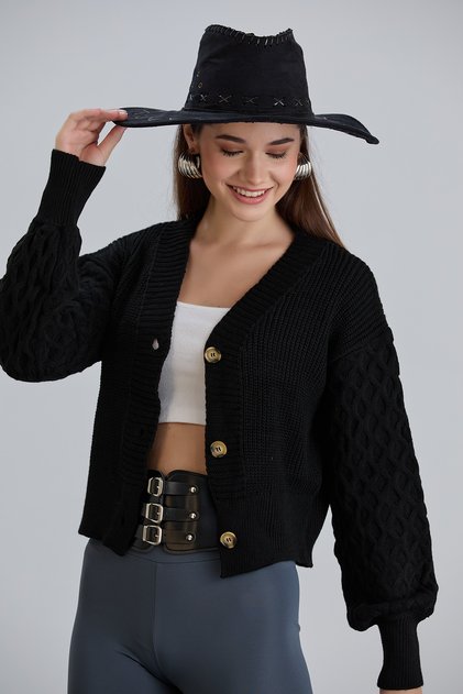 Women's Balloon Sleeve Knitted Patterned Crop Knitwear Black Cardigan