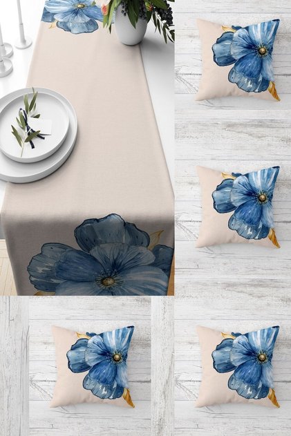 Mavi Menekşe Çiçekli Masa Değişik Ranır Modelleri Dekoratif 4'lü Kırlent Kılıfı Seti