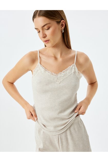 Strappy Pajama Top with Lace Detail and V-Neck