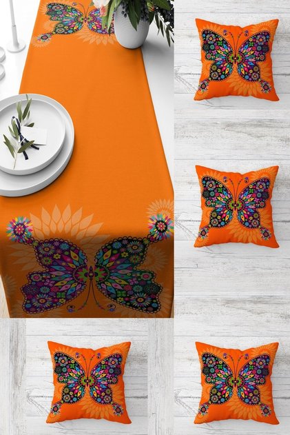 Turuncu Kelebekli Renkli Mandalalı Masa Değişik Ranır Modelleri Dekoratif 4'lü Kırlent Kılıfı  Seti