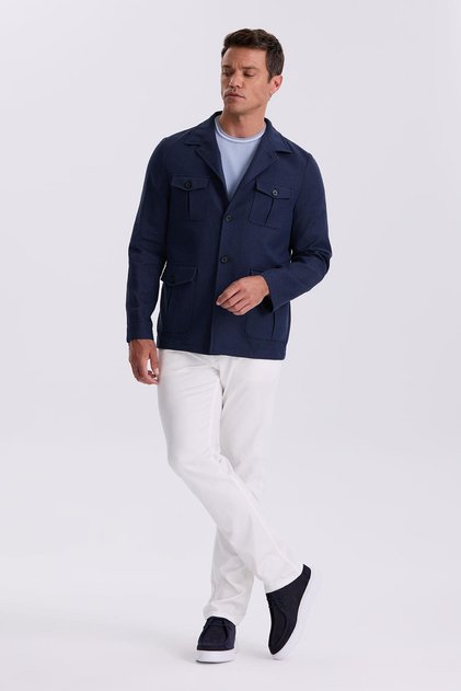 Lacivert Slim Fit Cepli Keten Pamuk Mevsimlik Safari Ceket