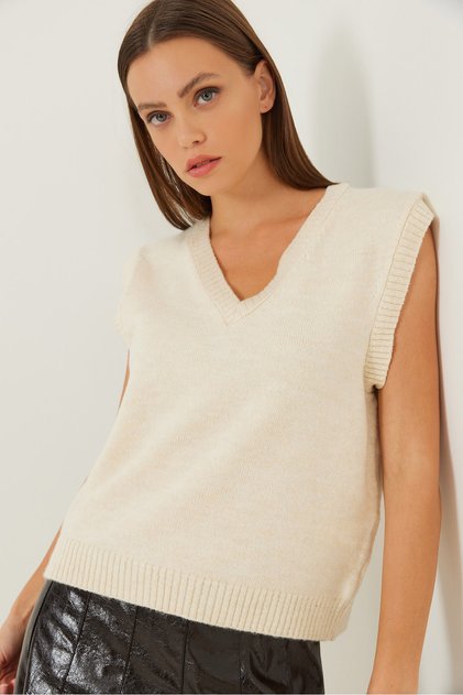 Women's Ecru V-Neck Knitwear Sweater 20246252