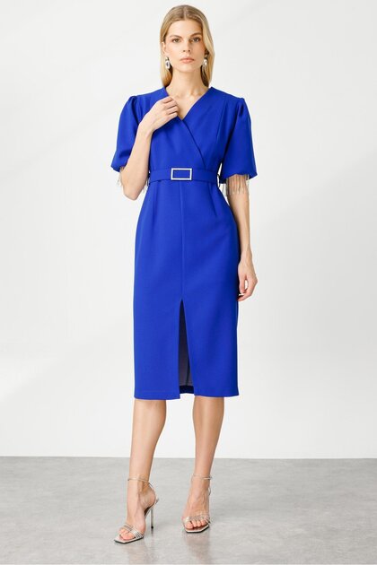 Modailgi Stripe Jewelled Balloon Sleeve Dress Cobalt Blue