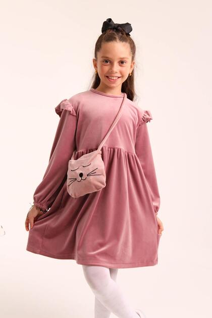 Perendi Girl's Velvet Dress - Dusty Rose Cat Patterned with Bag- Trendyol Perendi Girl's Velvet Dress - Dusty Rose Cat Patterned with Bag- Trendyol