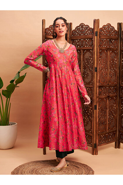Floral Print Chanderi Pleat Detail Anarkali Maxi Kurta