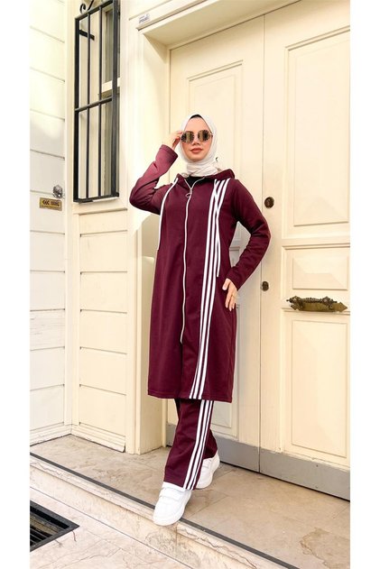 Zippered Hooded Long Tunic Trousers Double Hijab Tracksuit Set - 03077.020 - Plum