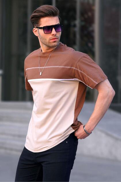 Brown Color Blocked Men's T-Shirt 6177
