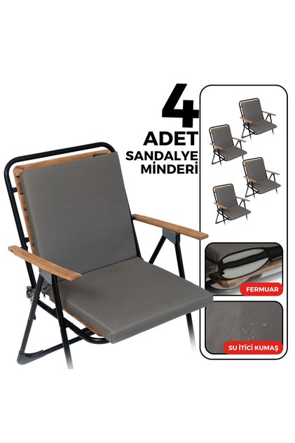 4’lü Arkalıklı Sandalye Minderi Yıkanabilir Fermuarlı Bağcıklı Su Yağ İtici Bahçe Balkon 40x40 Gri