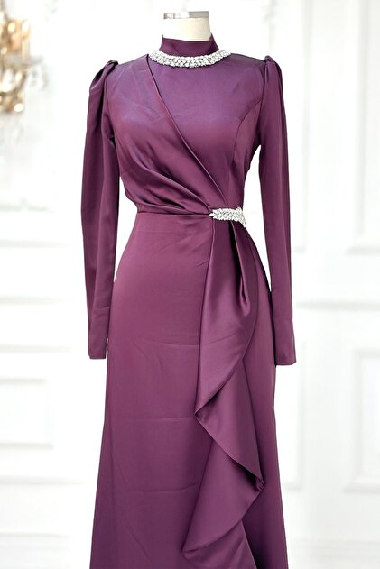 Amine Hma Plum Colored Demre Hijab Evening Dress- Trendyol