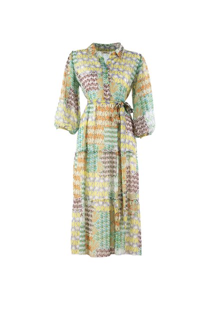 Renata Front Buttoned Shirt Collar Patch Patterned Chiffon Dress (Line Your Choice Message)