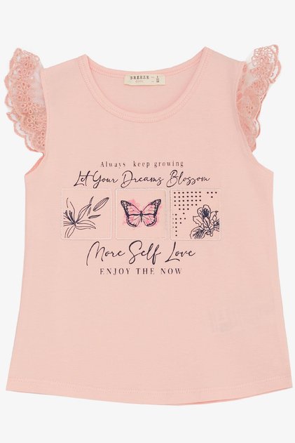 Girl's T-Shirt Sleeves Guipure Embroidered Butterfly Printed 1.5-5 Years, Pink