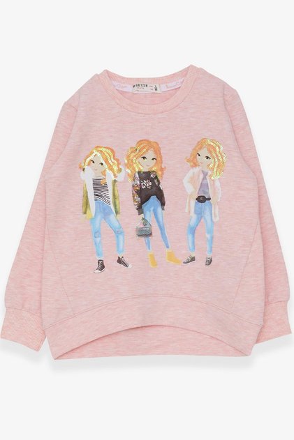 Girl's Sweatshirt Sequined Girl Printed 3-8 Years, Salmon Melange