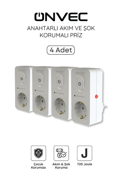 Basic Akım Korumalı Priz 720 Joule Anahtarlı Aşırı Gerilim Koruma – 4’lü Set