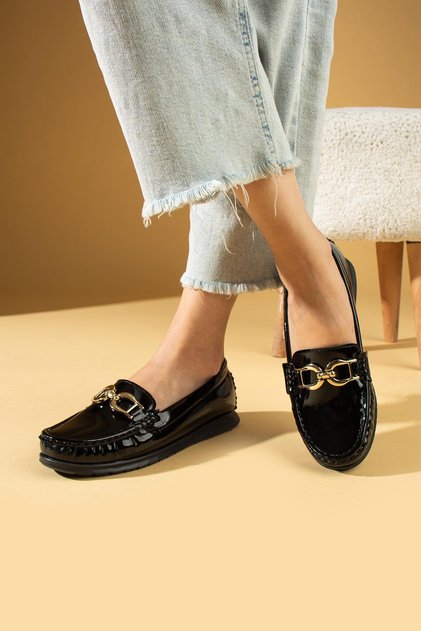 Gerda Women's Loafers Buckle Ballerinas Black Patent Leather