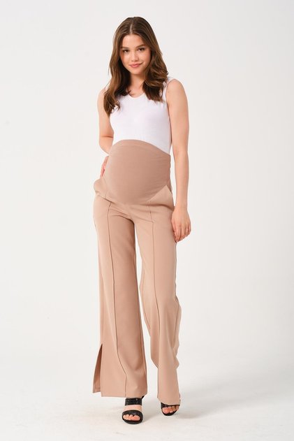 Maternity Adjustable Waist with Elastic Abdominal Band Side Slit Classic Pants Mink
