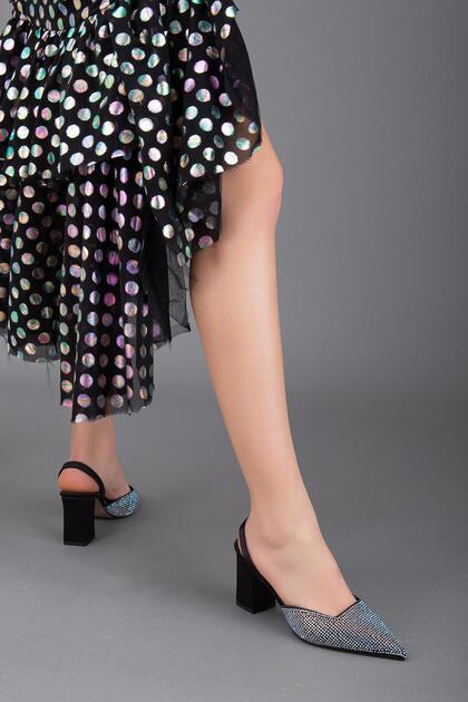 Satin Symmetrical Cut Stoned Black Large Size Women's Shoes Heels