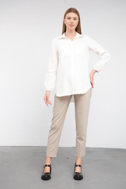 Maternity Linen Shirt with Elastic Sleeves and Front Pockets, White