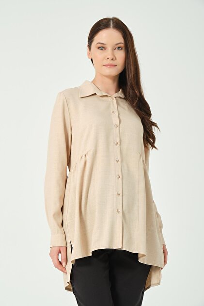 Maternity Short Front Long Back Linen Shirt Beige